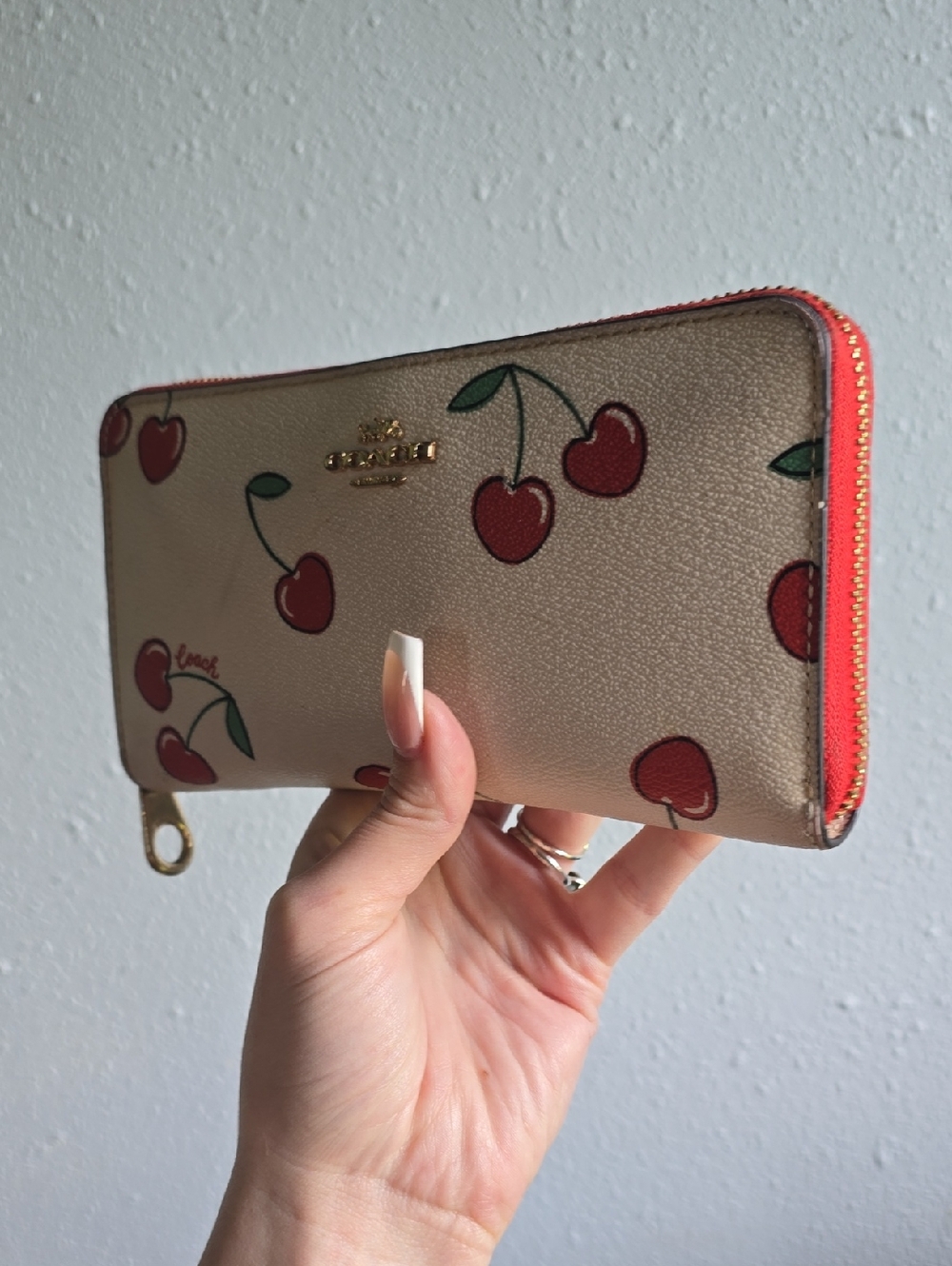 Coach Beige Cherry Print Zip Wallet with Red Trim